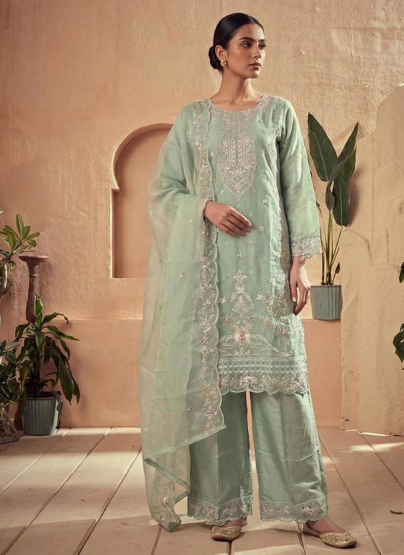 Green silk blend embroidered palazzo set