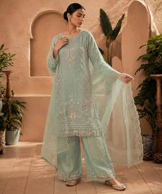 Green silk blend embroidered palazzo set 2