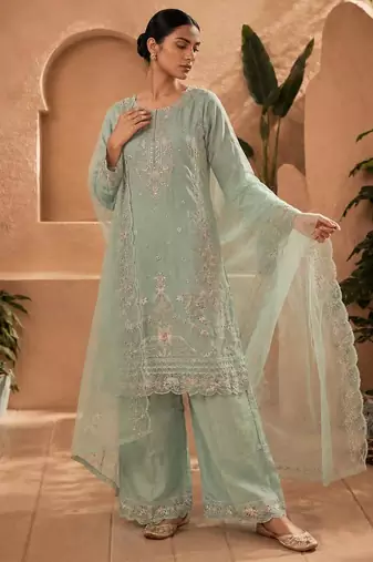 Green silk blend embroidered palazzo set