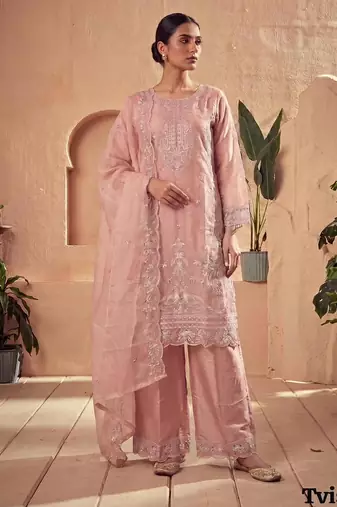 Peach silk blend embroidered palazzo set
