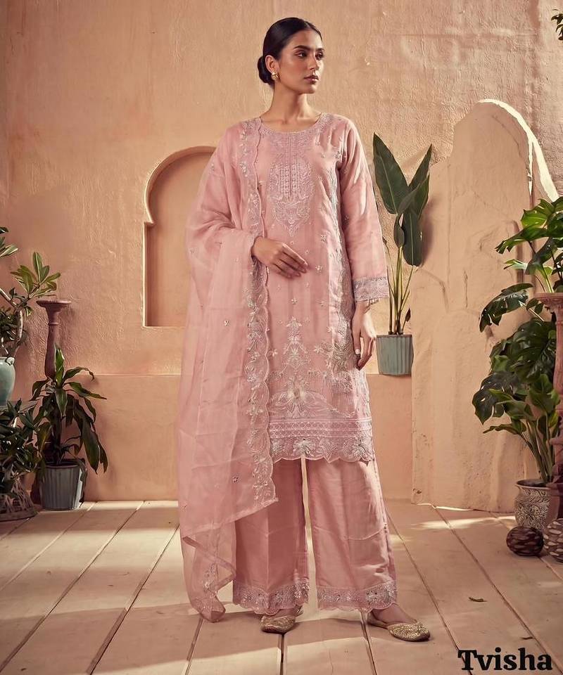 Peach silk blend embroidered palazzo set