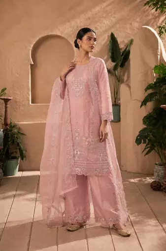 Peach silk blend embroidered palazzo set