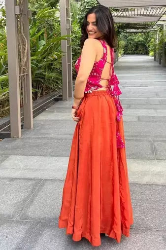 Pink silk blend embroidered sharara set