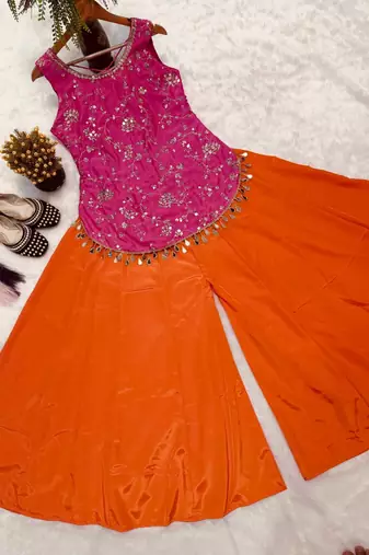 Pink silk blend embroidered sharara set