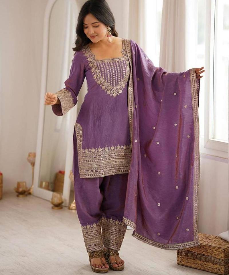 Lavender silk blend embroidered farshi salwar set
