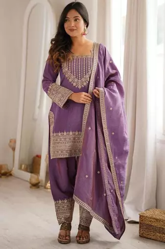 Lavender silk blend embroidered farshi salwar set