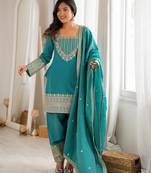 Teal green silk blend embroidered farshi salwar set