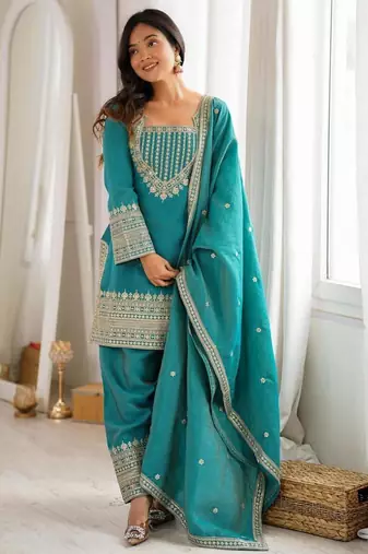 Teal green silk blend embroidered farshi salwar set