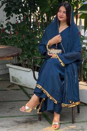 Dark blue silk blend lace anarkali set