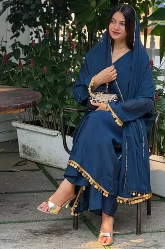Dark blue silk blend lace anarkali set