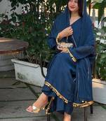 Dark blue silk blend lace anarkali set