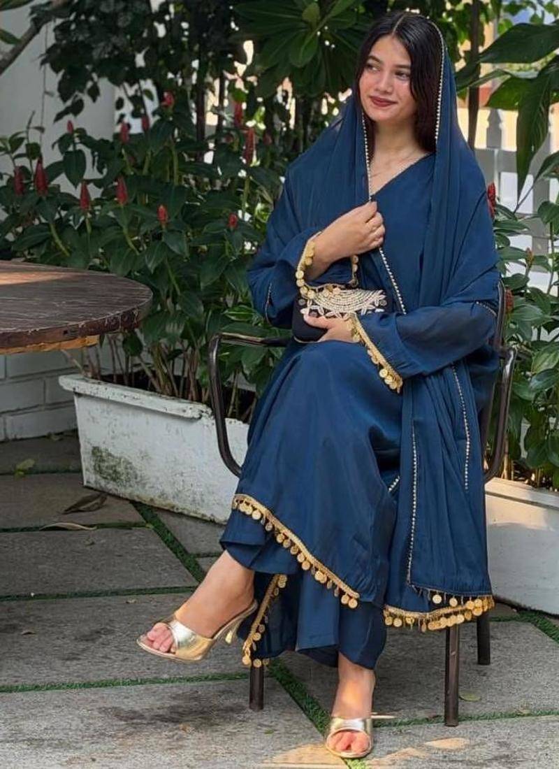 Dark blue silk blend lace anarkali set