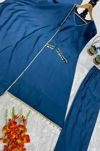 Dark blue silk blend lace anarkali set