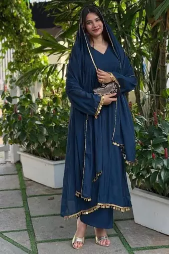 Dark blue silk blend lace anarkali set
