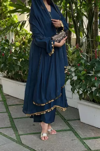 Dark blue silk blend lace anarkali set