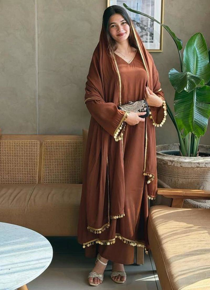 Brown silk blend lace anarkali set