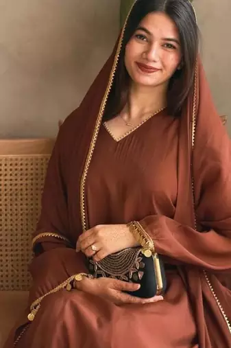 Brown silk blend lace anarkali set