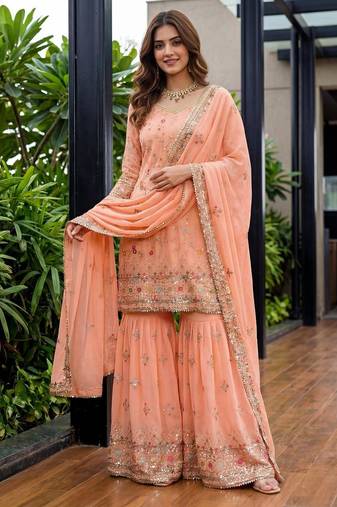 Orange faux georgette embroidered sharara set