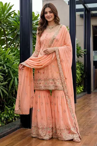 Orange faux georgette embroidered sharara set