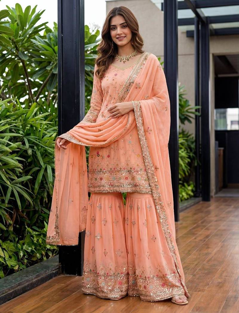 Orange faux georgette embroidered sharara set