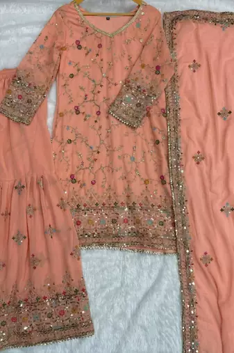 Orange faux georgette embroidered sharara set