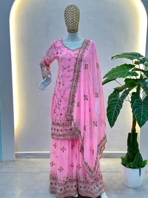 Pink faux georgette embroidered sharara set 2