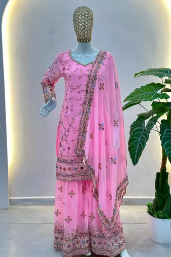 Pink faux georgette embroidered sharara set