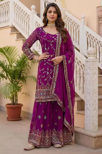 Rani pink faux georgette embroidered sharara set