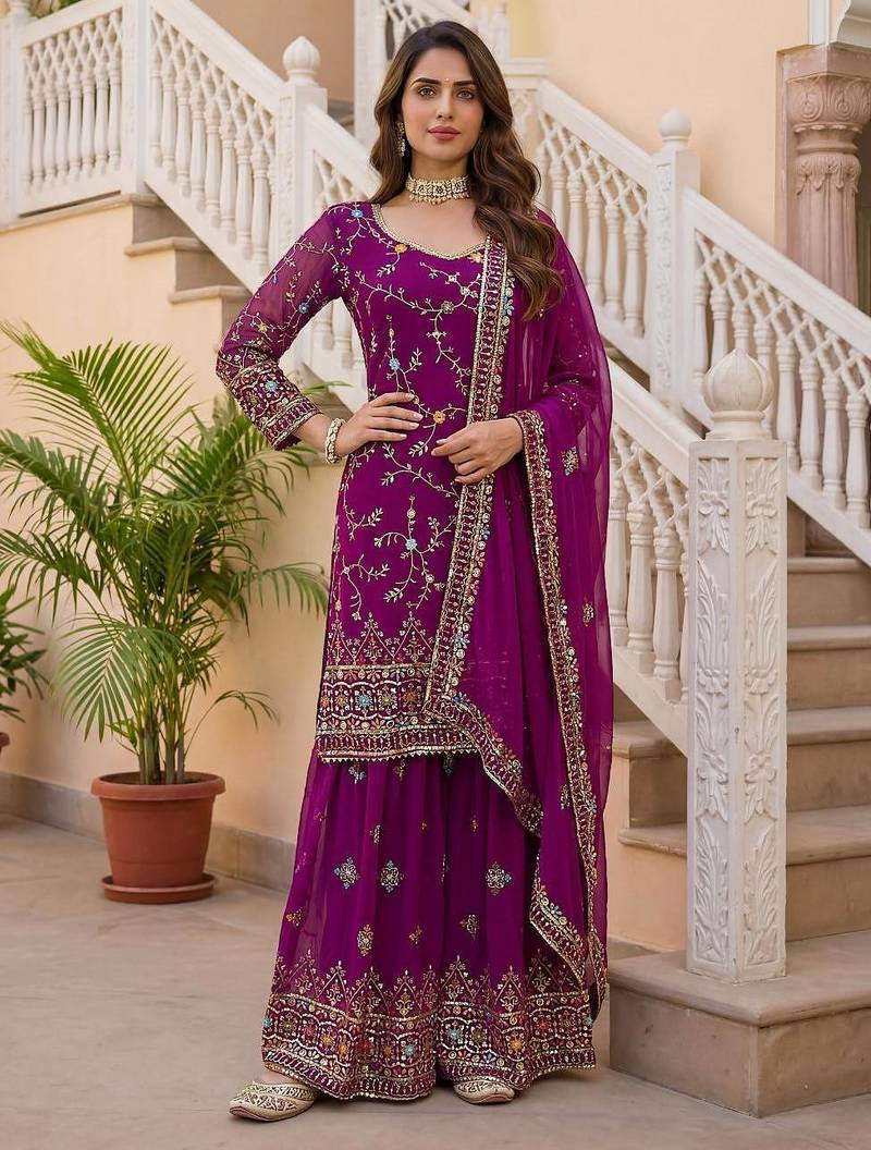 Rani pink faux georgette embroidered sharara set