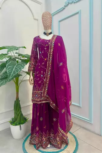 Rani pink faux georgette embroidered sharara set