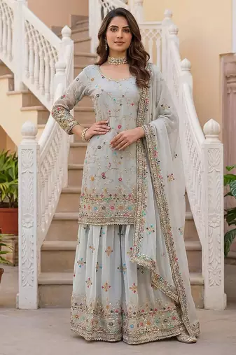 Grey faux georgette embroidered sharara set