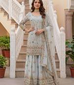 Grey faux georgette embroidered sharara set