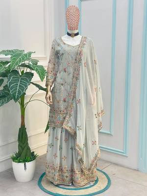Grey faux georgette embroidered sharara set 2