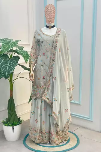 Grey faux georgette embroidered sharara set