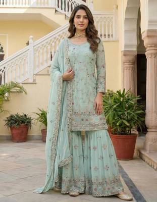 Sea green faux georgette embroidered sharara set 1