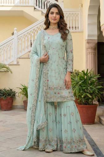 Sea green faux georgette embroidered sharara set