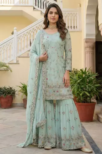 Sea green faux georgette embroidered sharara set