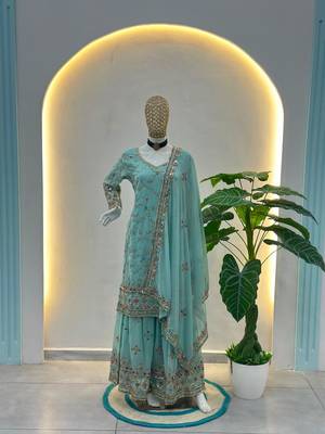 Sea green faux georgette embroidered sharara set 2