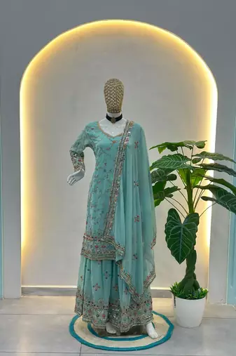 Sea green faux georgette embroidered sharara set