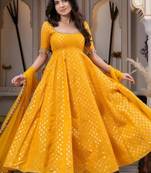 Yellow chanderi mirror flared gown set