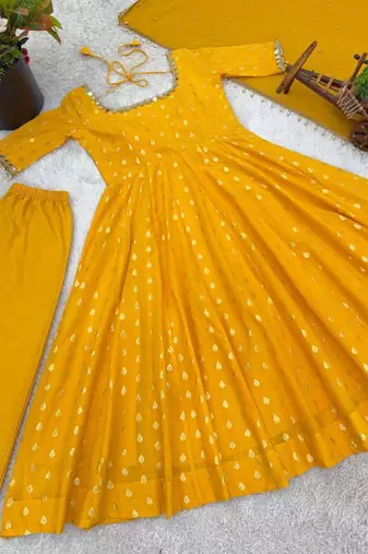 Yellow chanderi mirror flared gown set