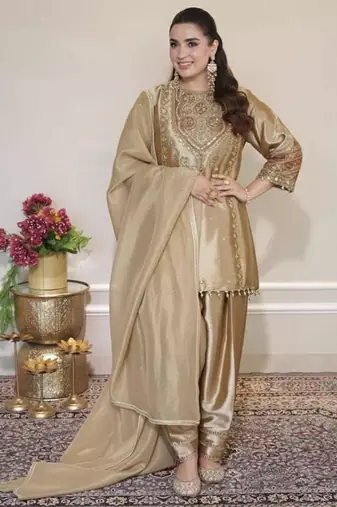 Gold silk blend embroidered salwar kameez