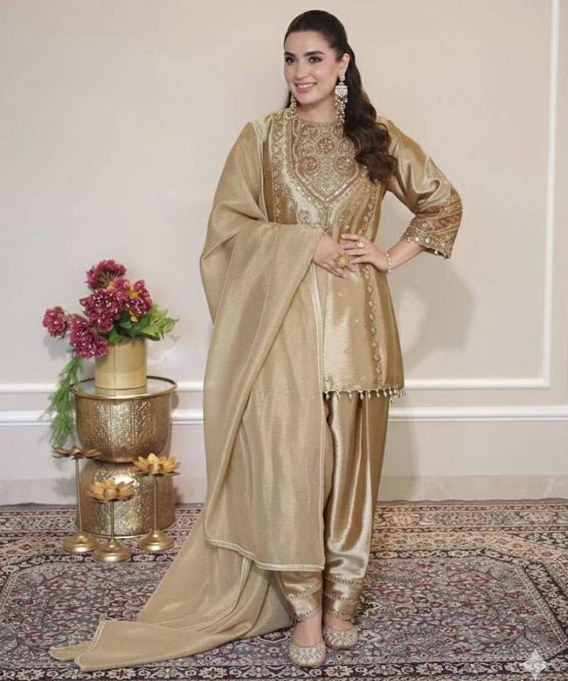 Gold silk blend embroidered salwar kameez