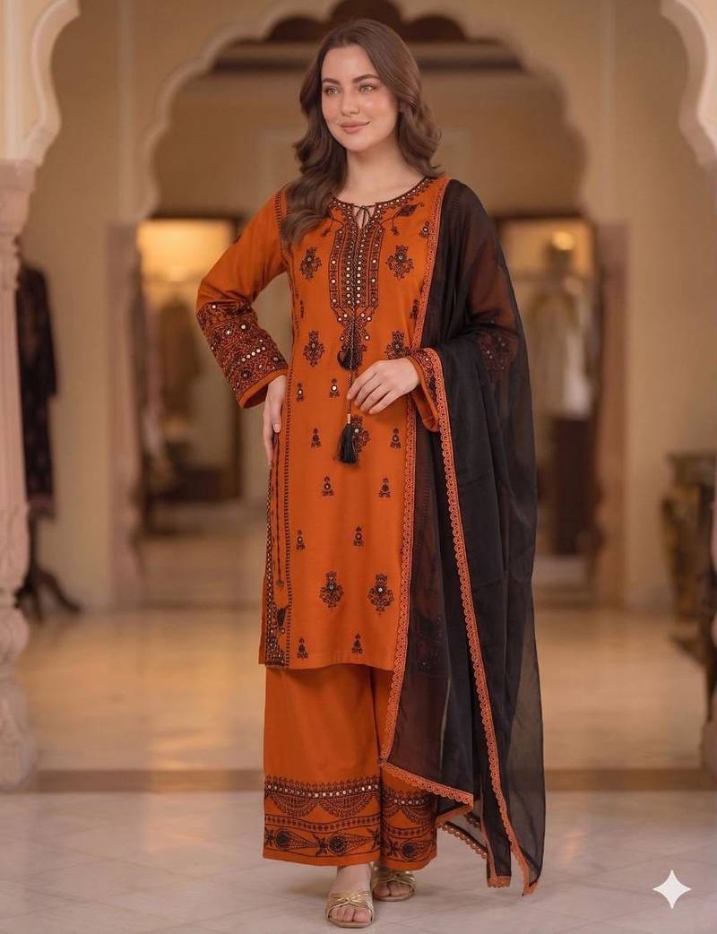Orange silk blend embroidered palazzo set