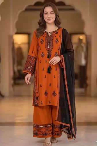 Orange silk blend embroidered palazzo set