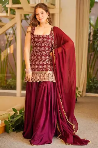 Red faux georgette embroidered palazzo set