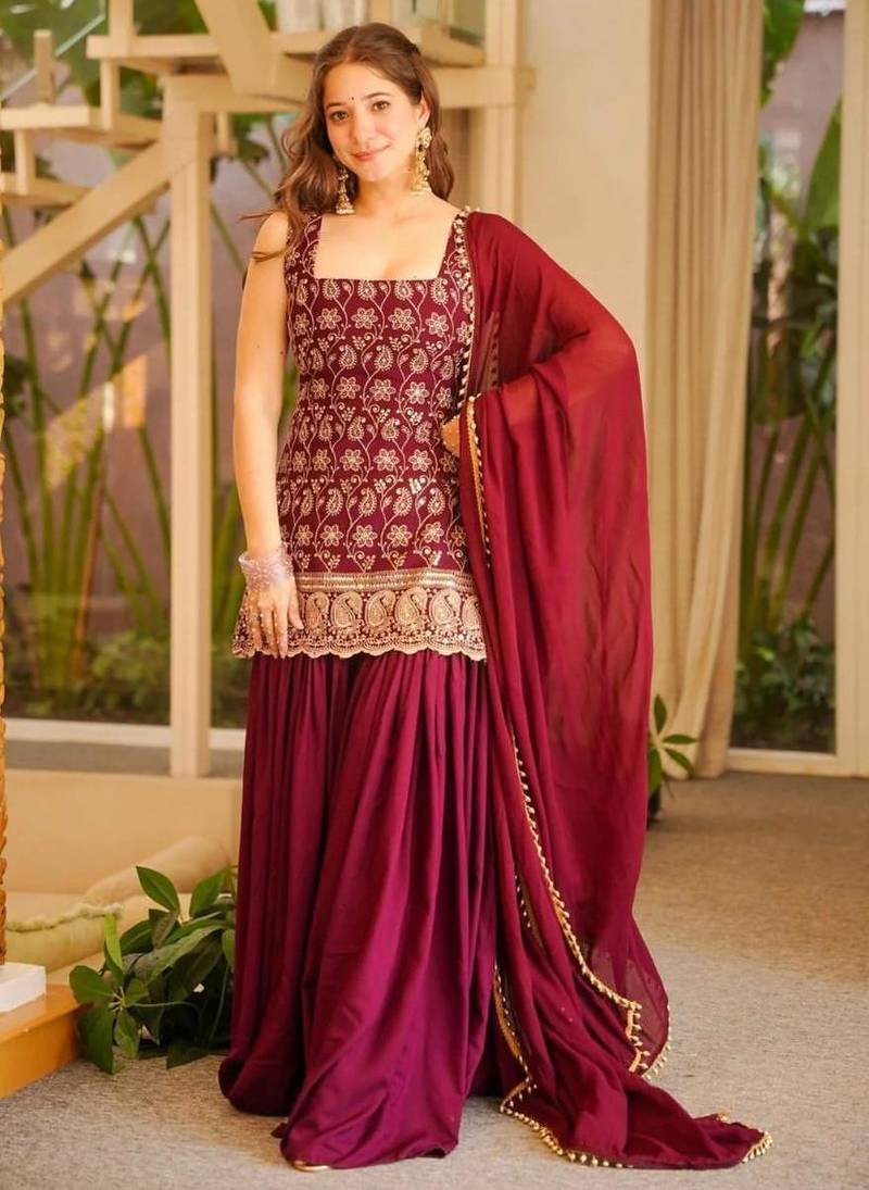 Red faux georgette embroidered palazzo set
