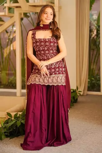 Red faux georgette embroidered palazzo set