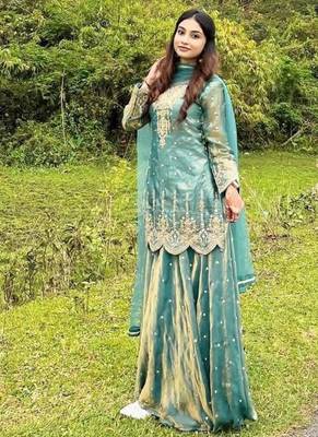Sea green silk blend embroidered palazzo set 1