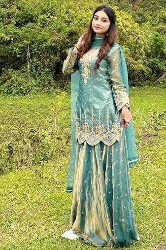 Sea green silk blend embroidered palazzo set